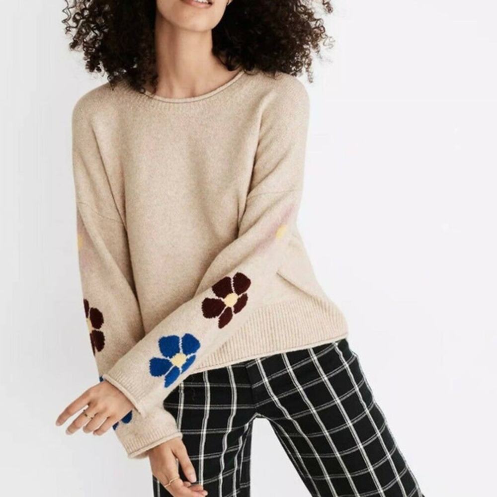 Madewell Belmore Floral-Sleeve Pullover Sweater Sz M